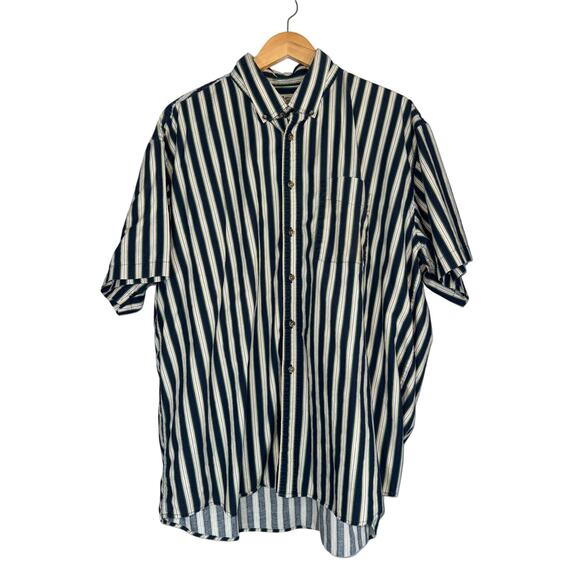 Vintage 90s Preppy Striped Cotton Short Sleeve Button Up Shirt 2XL Country Club - Picture 1 of 6